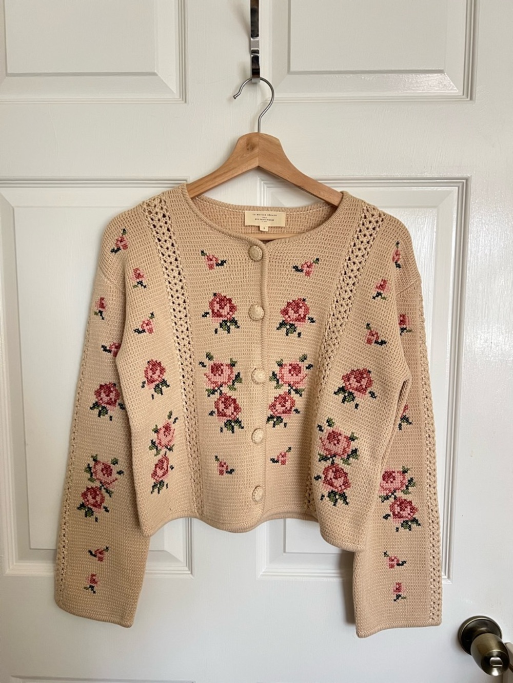 Sezane Cream Floral Knit Button-Front Women's Sweater - Picture 11 of 14